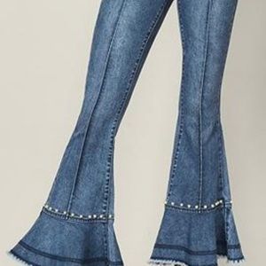 Blue denim-flare jeans with pearls